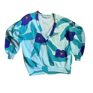 80s tropical sweatshirt floral print V neck 3/4 sleeve vintage retro rare